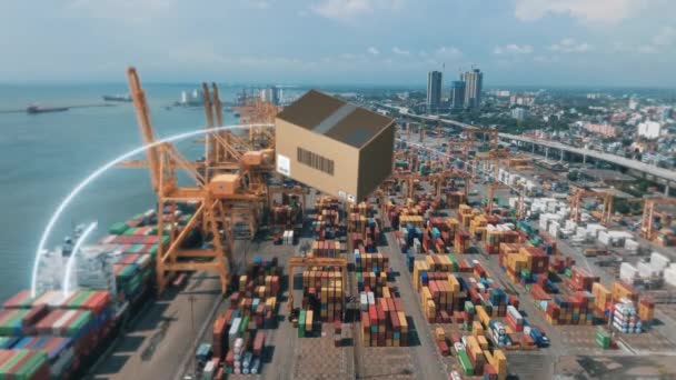 Luchtfoto Van Logistieke Site Zeehaven Vrachtterminal Met Tonnen Zeecontainers Kolommen — Stockvideo