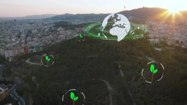 Forwards Fly Park Hill Metropolis Sunset Augmented Reality Tags Ecological — Stock Video