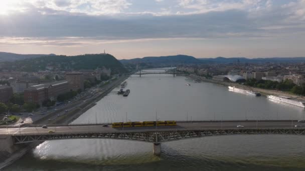 Переправа Пролетает Над Мостом Через Широкую Реку Дунай Городе Воздушный — стоковое видео