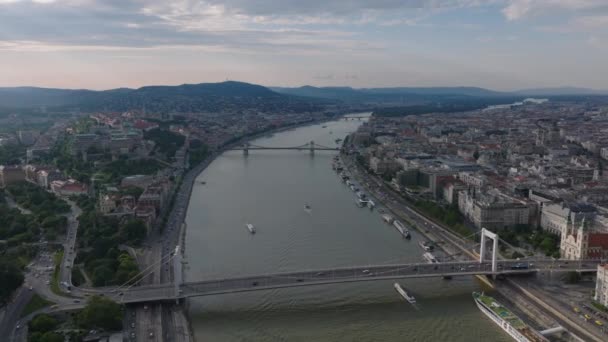 Aerial View Historic Urban Boroughs Wide Danube River Golden Hour — Stock Video