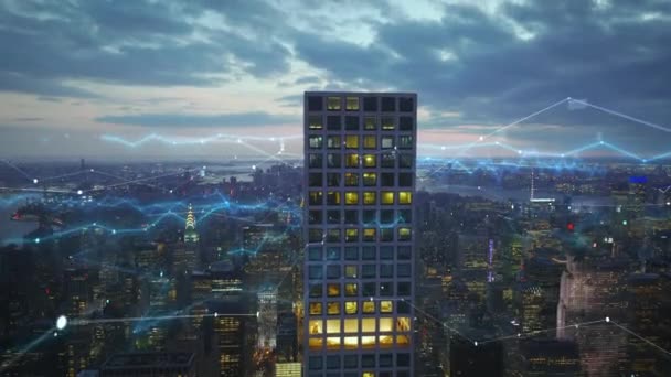 Alacakaranlıkta Işıklı Pencereli Uzun Gökdelenlerin Etrafında Şehir Merkezindeki Gökdelenlerin Manzarası — Stok video