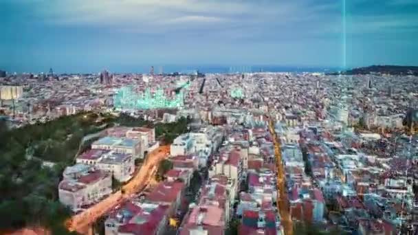 Воздушный Панорамный Вид Жилого Городка Мегаполисе Закате Гиперлапс Представлением Данных — стоковое видео