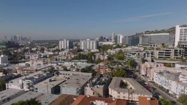 Flyg Ovanför Stadsutveckling Stadsmiljö Höga Kontorsbyggnader Avstånd Los Angeles Kalifornien — Stockvideo