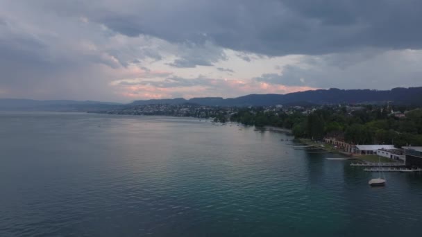 Prachtig Panoramisch Uitzicht Het Meer Van Zürich Bomen Gebouwen Aan — Stockvideo