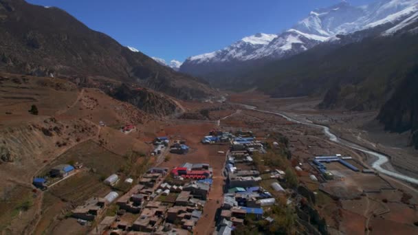 Manang Köyünün Tersten Manzaralı Çatıları Himalayalar Sıradağları Nepalli Misafir Evleri — Stok video