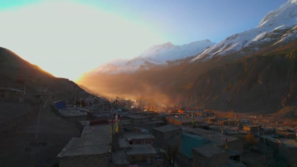 Aerial Fly Manang Village House Rooftops Stunning Sunrise Valley Snowy — Stock Video