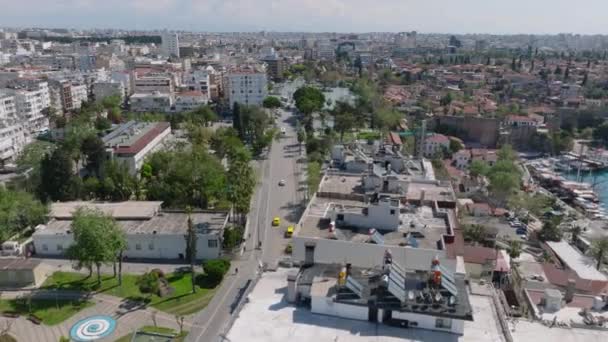 Luftaufnahme Des Stadtbezirks Der Großstadt Straßen Wohnhäuser Und Bäume Park — Stockvideo
