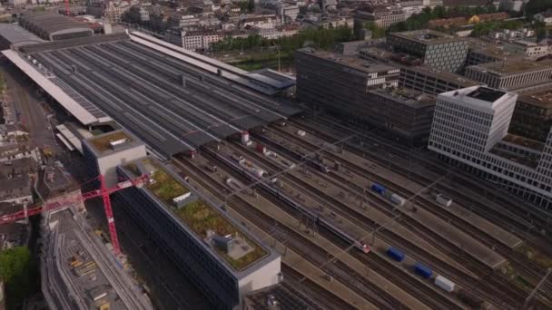 High Angle View Town Development Fly Hauptbahnhof Commuter Trains Leaving — Stock Video