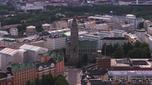 Aerial View Historic Kallion Kirkko Old Church Tower Surrounded Multistorey — Stock Video