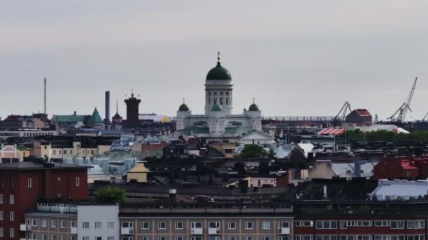 Slide Pan Footage Helsinki Cathedral Roofs Urban Borough Tall Harbour — Stock Video