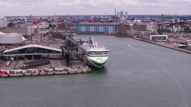 Aerial Shot Large Cruise Ferry Moored Harbour Vehicles Logistic Area — Stock Video