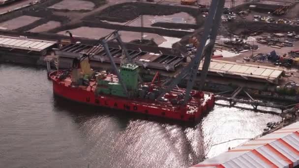 Aerial View Crane Vessel Heavy Machinery Lifting Object Water Surface — Stock Video