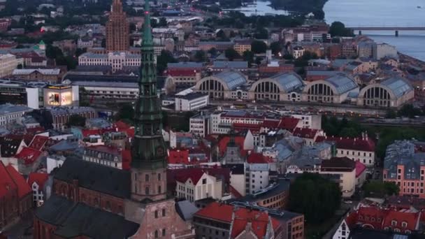 Aerial Cinematic Footage Historic City Centre Tall Church Tower Pavilions — Stock Video