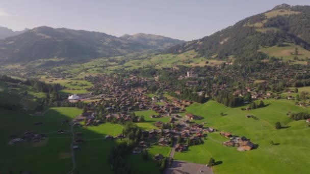 Fliegen Sie Über Ein Weites Gebirgstal Typische Häuser Und Chalets — Stockvideo