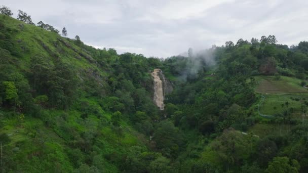 トロピカルジャングルの緑の谷の空中ビュー 雨の後の膨大な量の水の巨大な滝 スリランカ — ストック動画