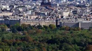 Parktaki ağaçların havadan görünüşü. Yükselen kademeli eğim, güneşli bir günde binaları ve popüler Eyfel Kulesi 'ni gözler önüne seriyor. Paris, Fransa.