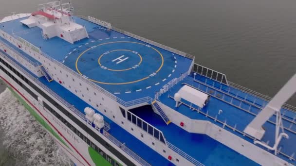 High Angle View Ferry Boat Passing Top Deck Heliport Passengers — Stock Video