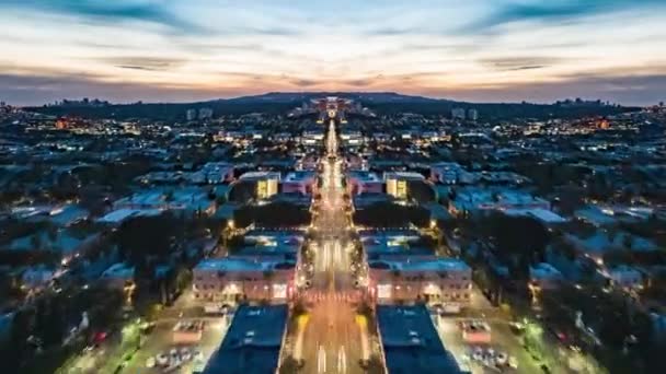 Fly Busy Boulevard Dusk Aerial Hyperlapse Shot Evening City Los — Stock Video
