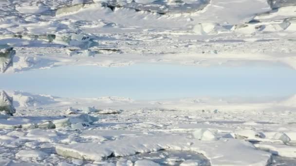 その後 晴れた冬の日にアイスランドの風景の上を飛びます 氷が浮いて雪が降る 抽象的なコンピュータ効果デジタル構成された映像 — ストック動画