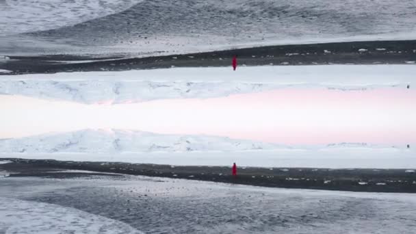 アイスランドの有名な黒いビーチで海岸を歩く赤い服の人 雪は背景の景色を覆いました 抽象的なコンピュータ効果デジタル構成された映像 — ストック動画