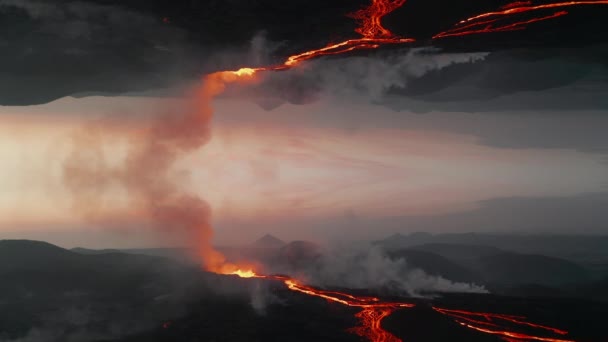 日没時に島で活動する火山の空中観測 ラヴァ川が地表に流れている 抽象的なコンピュータ効果デジタル構成された映像 — ストック動画