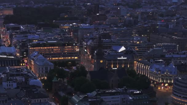 Aerial Slide Pan Shot Oslo Cathedral Tower Illuminated Streets Buildings — Stock Video