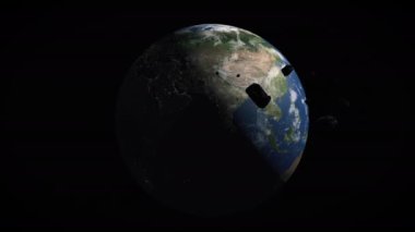Dünya 'nın uydu görüntüsü ve yörüngede dönen kaya nesnelerinin siluetleri. Evrenin 3 boyutlu gerçekçi animasyonu.