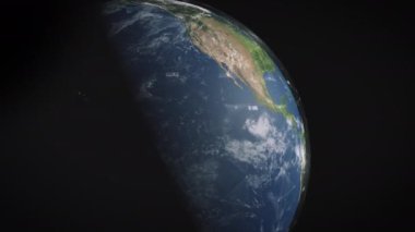 Dünya 'nın etrafında uç. Yüzeyin üzerinde yörüngede bulunan çeşitli dijital nesneler. Evrenin 3 boyutlu gerçekçi animasyonu.