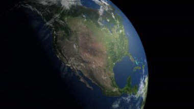 Gündoğumunda Kuzey Amerika. Büyük kraterden yükselen duman, asteroitle çarpıştıktan sonra yükseliyor. Dünya Kıyameti. Evrenin 3 boyutlu gerçekçi animasyonu.