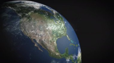 Kuzey Amerika kıtasının hava görüntüsü. İklim değişikliğinin etkisi simülasyonu. Evrenin 3 boyutlu gerçekçi animasyonu.
