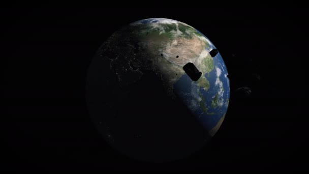 Satellitenaufnahme Des Planeten Erde Und Silhouetten Umkreisender Gesteinsobjekte Realistische Animation — Stockvideo
