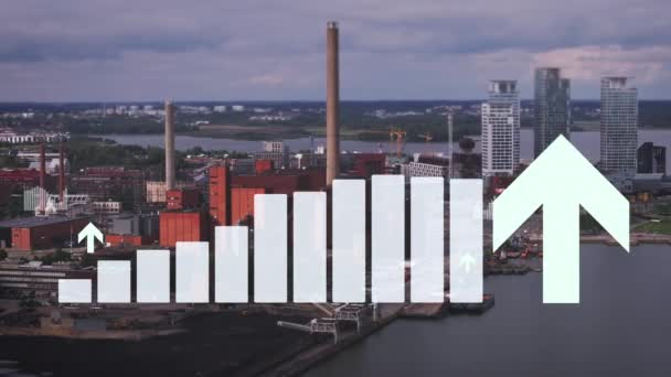 从空中俯瞰河岸工业区 城市里有烟囱的工厂或暖气厂 计算机增加图形 上升条形图 污染和生态概念 芬兰赫尔辛基 — 图库视频影像