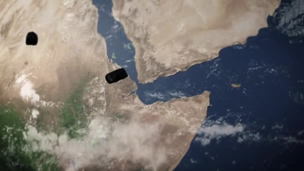 Летите Вокруг Планеты Океанов Континентов Метеоритный Дождь Возле Земли Реалистичная — стоковое видео