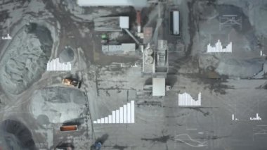 Madencilik endüstrisinin en alt kademesi. Makineler, madde yığınları ve duman çıkaran bacalar. Çeşitli grafiklerle güçlendirilmiş gerçeklik. İzlanda.