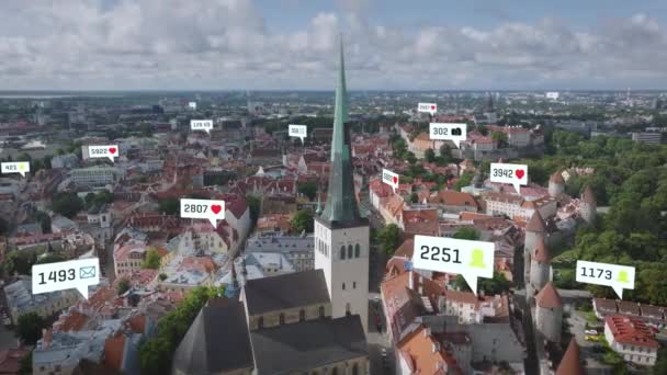 Aerial View Old Town Tall Church Tower Tourist Landmarks Computer — Stock Video