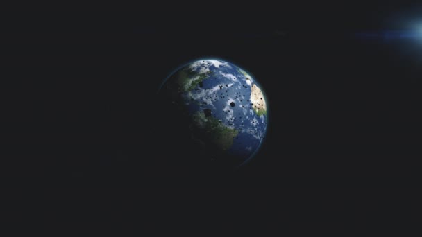 Flying Earth Sun Illuminated Planet Huge Amount Objects Orbit Realistic — Stock Video