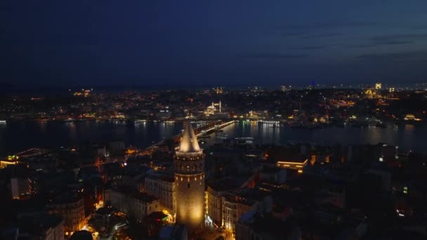 Aerial Descending Illuminated Historic Galata Tower Popular Tourist Sight Evening — Stock Video