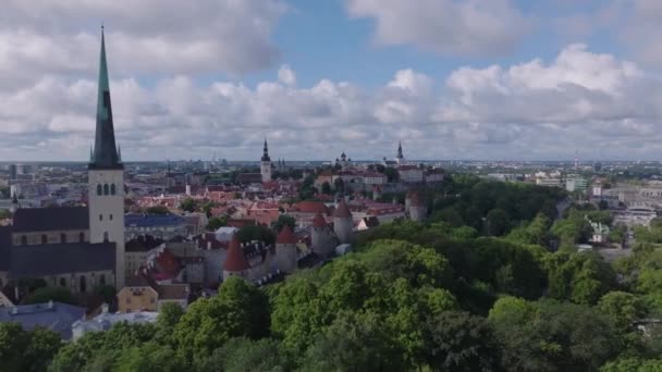Aerial Footage Historic City Center Old Houses Fortifications Tall Church — Stock Video