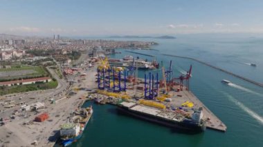 Kargo limanındaki renkli vinçlerin hava görüntüleri. Büyük şehirdeki deniz kıyısındaki sanayi ve lojistik tesisler. İstanbul, Türkiye.