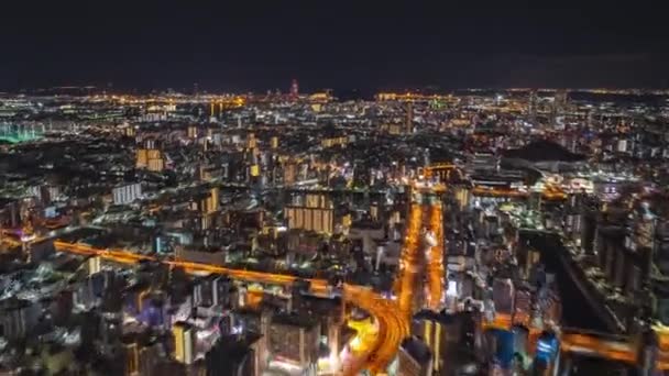 Аерофотознімки Великого Міста Вночі Літати Над Освітленими Вулицями Будівлями Осака — стокове відео