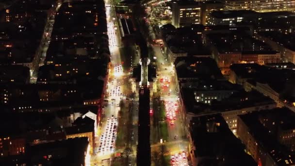 Aerial Slide Pan Shot Busy Wide Street Glowing Night Evening — Stock Video