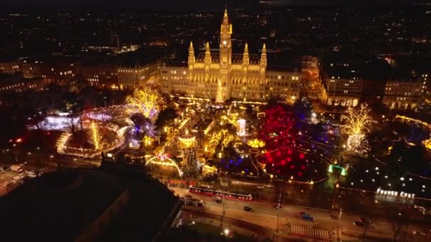 Wiener Rathaus 크리스마스 시장의 장식과 저녁에 역사적인 비엔나 오스트리아 — 비디오
