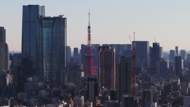 Будівництво Червоних Решіток Токійської Вежі Серед Сучасних Висотних Офісних Житлових — стокове відео