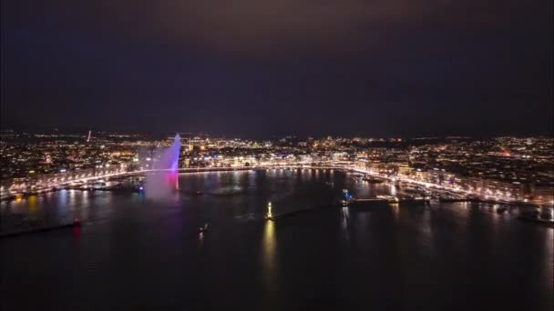 Панорамный Снимок Города Воздуха Ночью Над Женевским Озером Над Высоким — стоковое видео