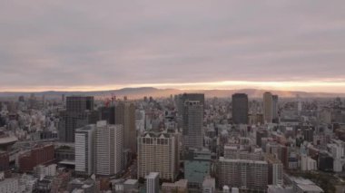 Metropolün havadan panoramik görüntüsü. Şehir ilçelerindeki binalar. Doğan güneş arka plandaki mahalleleri ve tepeleri aydınlatıyor. Osaka, Japonya.