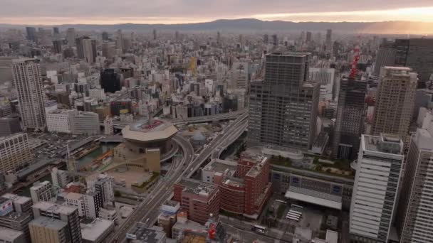 Воздушный Панорамный Вид Большого Города Восходе Солнца Высокая Плотность Развития — стоковое видео