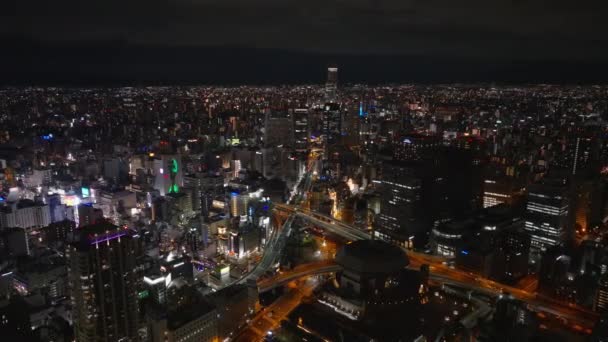 夜はメトロポリス上空を飛行する 大都市で町の開発を進めている 人気のナイトライフ ドトンボリ地区 — ストック動画