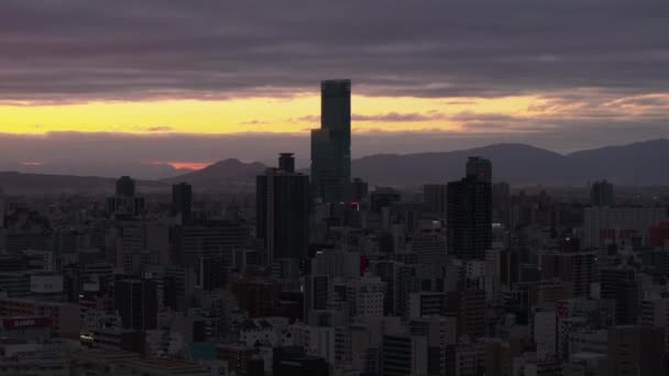 大城市现代高层建筑轮廓的空中升降画面 在五彩斑斓的天空下观看 日本大阪 — 图库视频影像