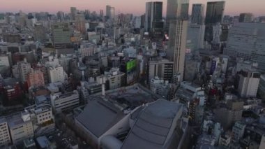 Bunkamura sanat galerisinin üzerinden uç. Shibuya bölgesindeki binaların hava manzarası alacakaranlık gökyüzüne karşı. Tokyo, Japonya.