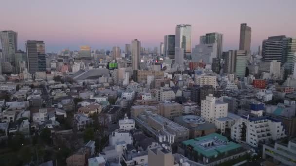 後方飛行機は都市のボロの上空を飛んでいる 背の高いビジネスタワーと色のトワイライトの空の街並みを眺めることができます 東京都 — ストック動画